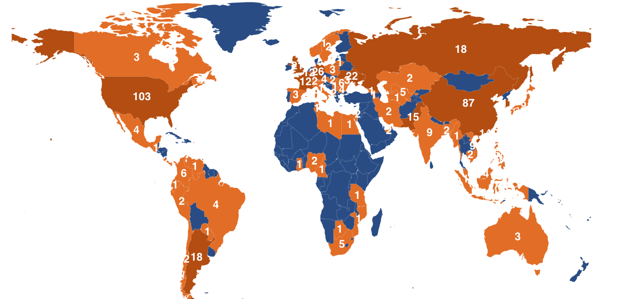 World map showing the geographic distribution of attack sources by country, with the United States, China, Russia, Argentina and India among the highest counts