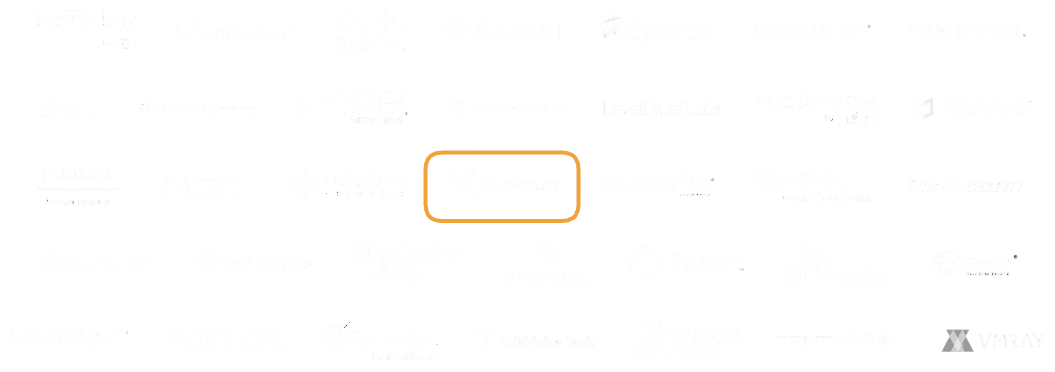 Cyber Threat Alliance member grid with OneFirewall highlighted alongside Check Point, Cisco, Fortinet, McAfee, Palo Alto Networks, Sophos, Symantec and other members