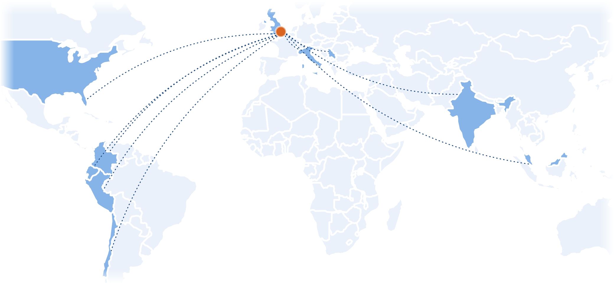 Map showing OneFirewall's London headquarters connected to partner locations in India, Southeast Asia, Peru, Ecuador, Chile, Colombia, Italy, Serbia and the United States