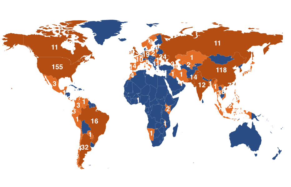 World map showing attack volume by originating country