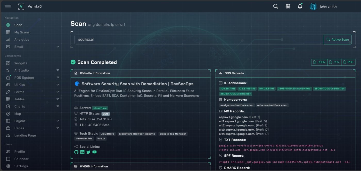 Vulnix0 scan dashboard showing DNS records, IP addresses, and website information for a live scan